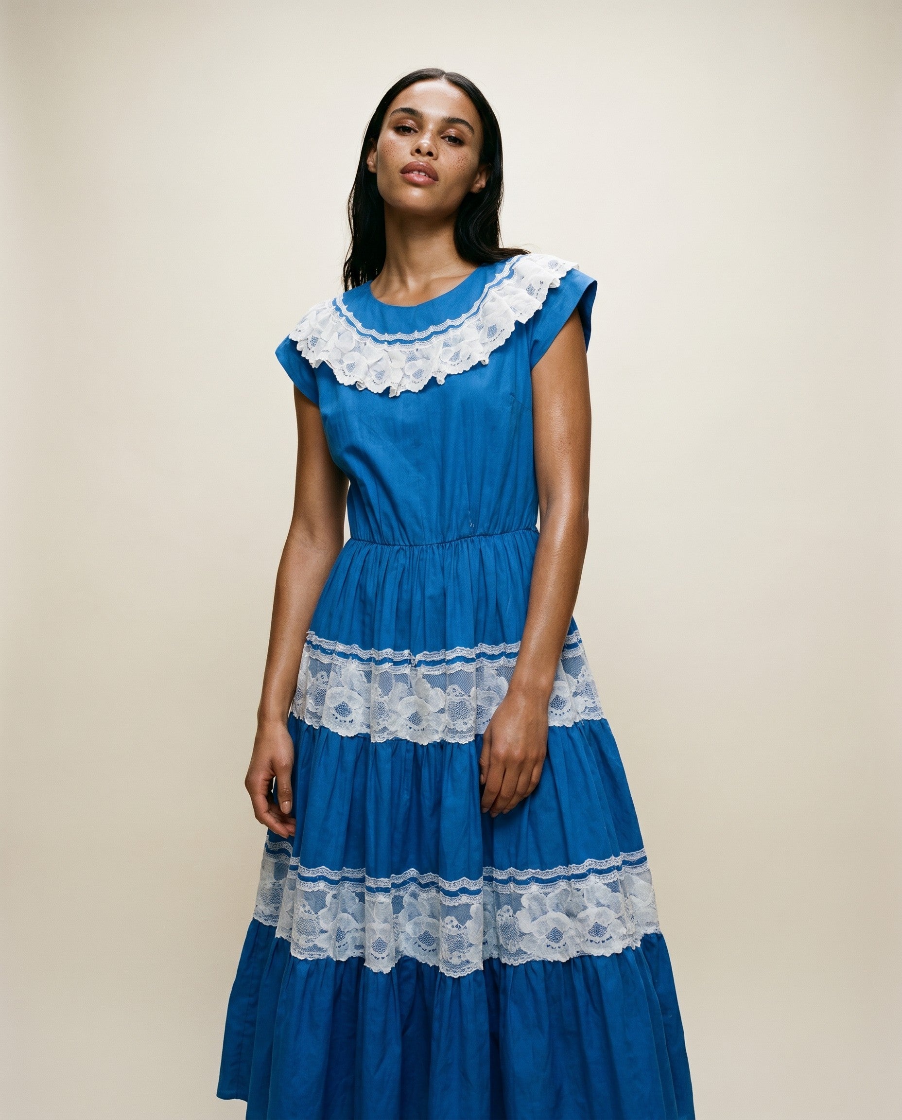 Vintage Cobalt Blue Lace Tiered Midi Dress – That Old Thing