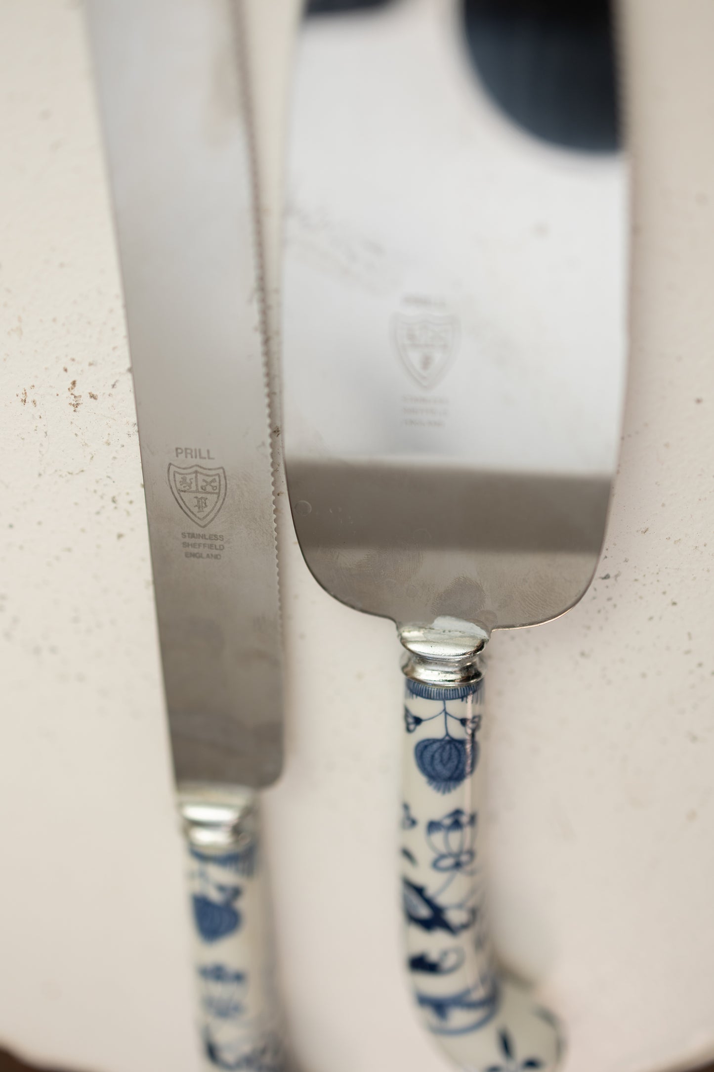 Vintage F.R.I.E.L.L. Germany Cake Knife & Server Set — Blue Onion Porcelain Handles *COMING SOON*