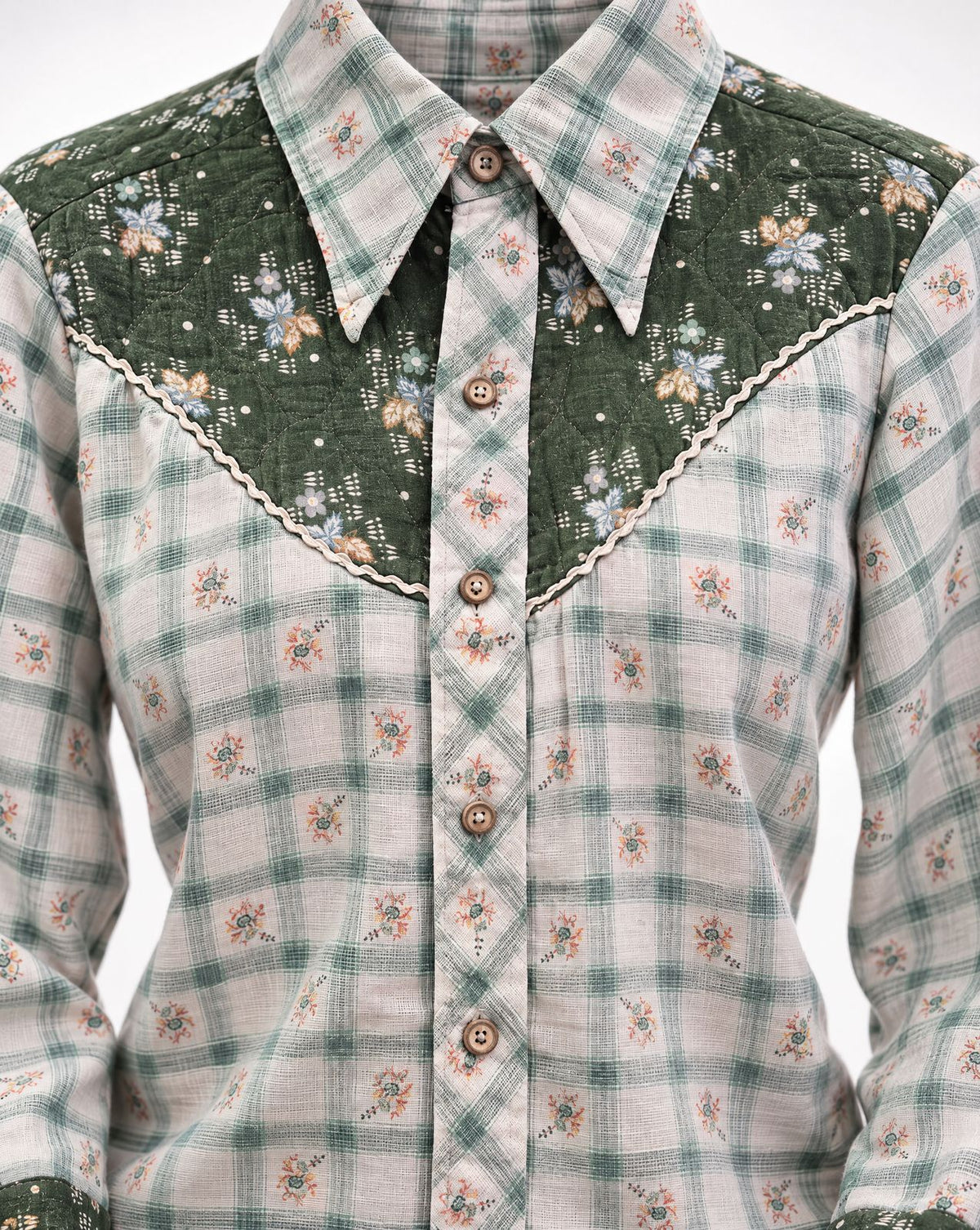 Vintage Green Floral Plaid Western Prairie Blouse - L