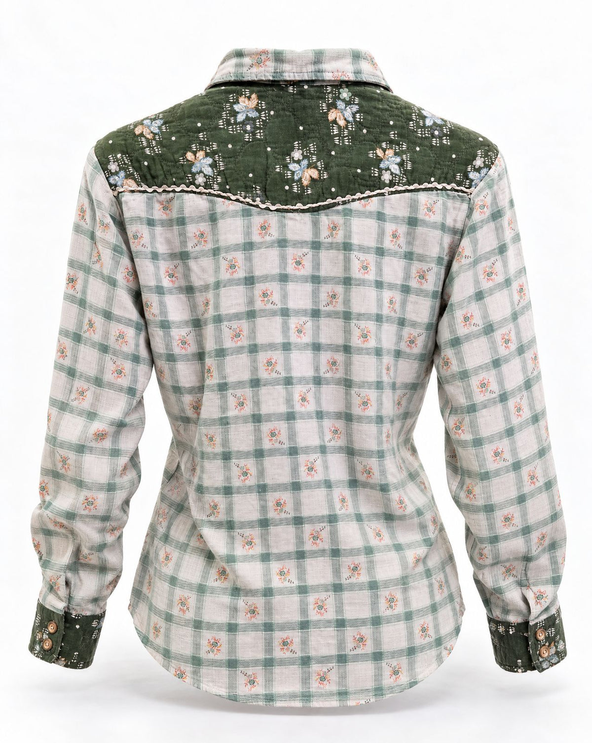 Vintage Green Floral Plaid Western Prairie Blouse - L