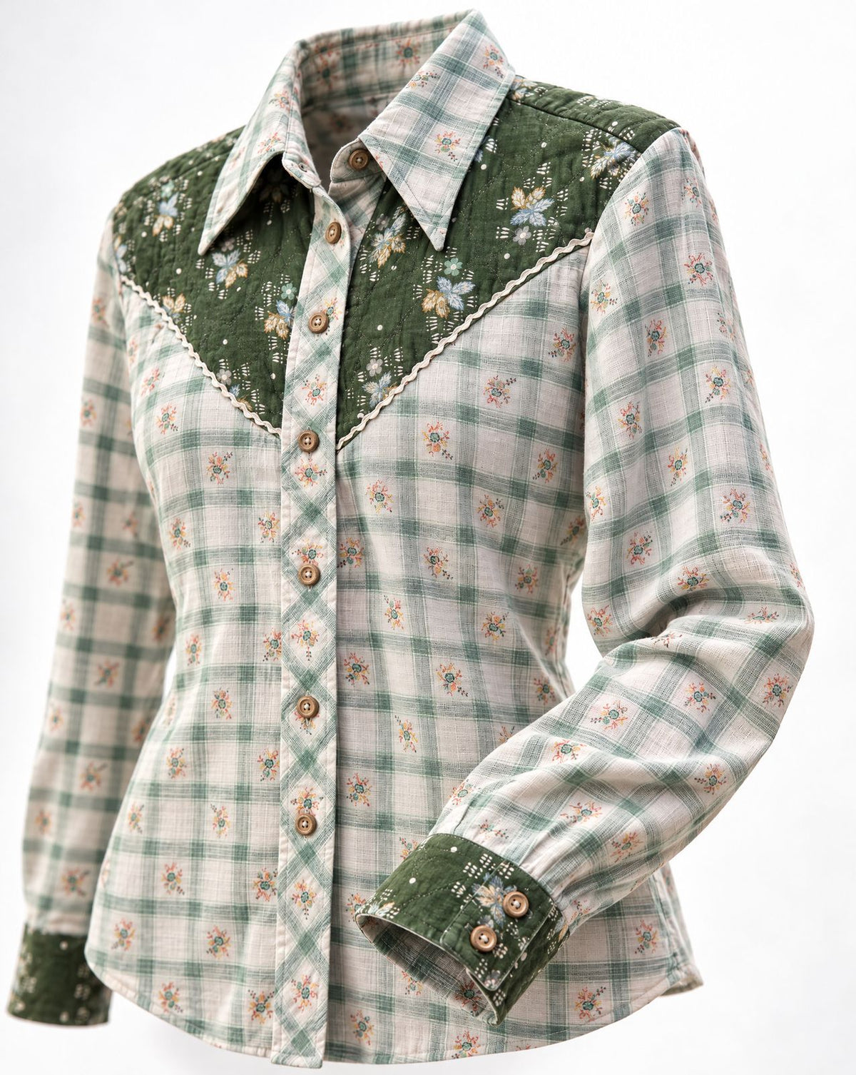 Vintage Green Floral Plaid Western Prairie Blouse - L