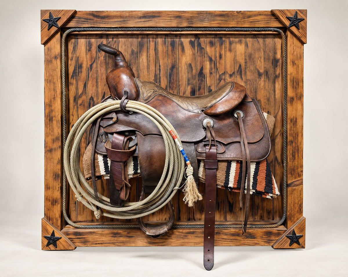 Vintage Western Saddle Framed Wall Art with Lasso & Saddle Blanket