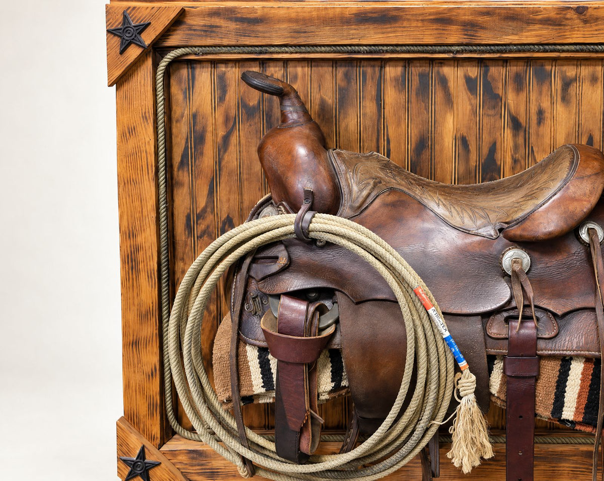 Vintage Western Saddle Framed Wall Art with Lasso & Saddle Blanket