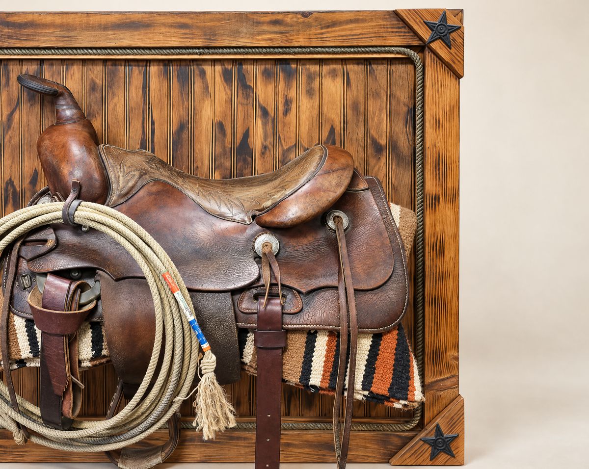 Vintage Western Saddle Framed Wall Art with Lasso & Saddle Blanket