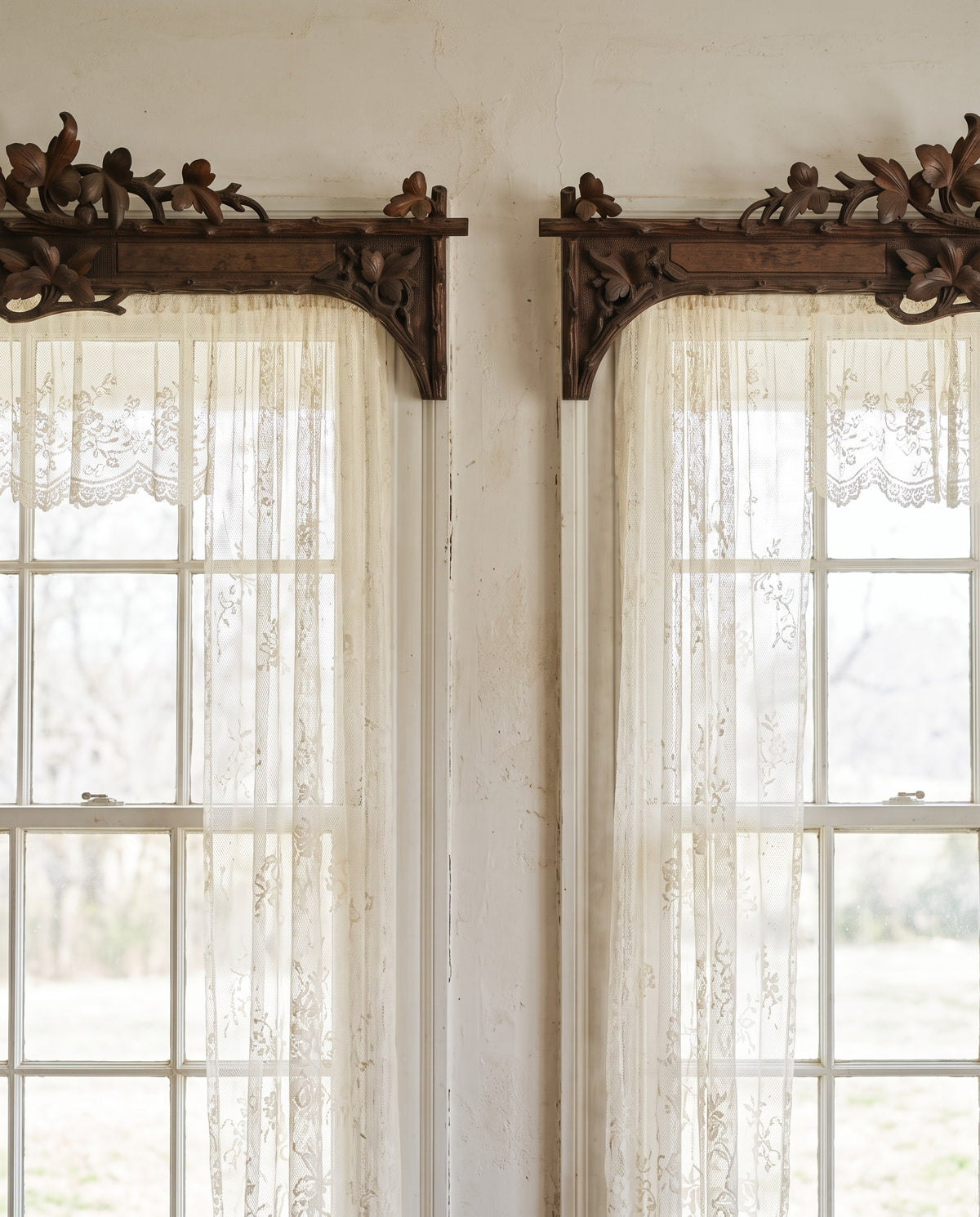 Pair of Antique Carved Floral Wooden Window Valances – Circa 1890–1920