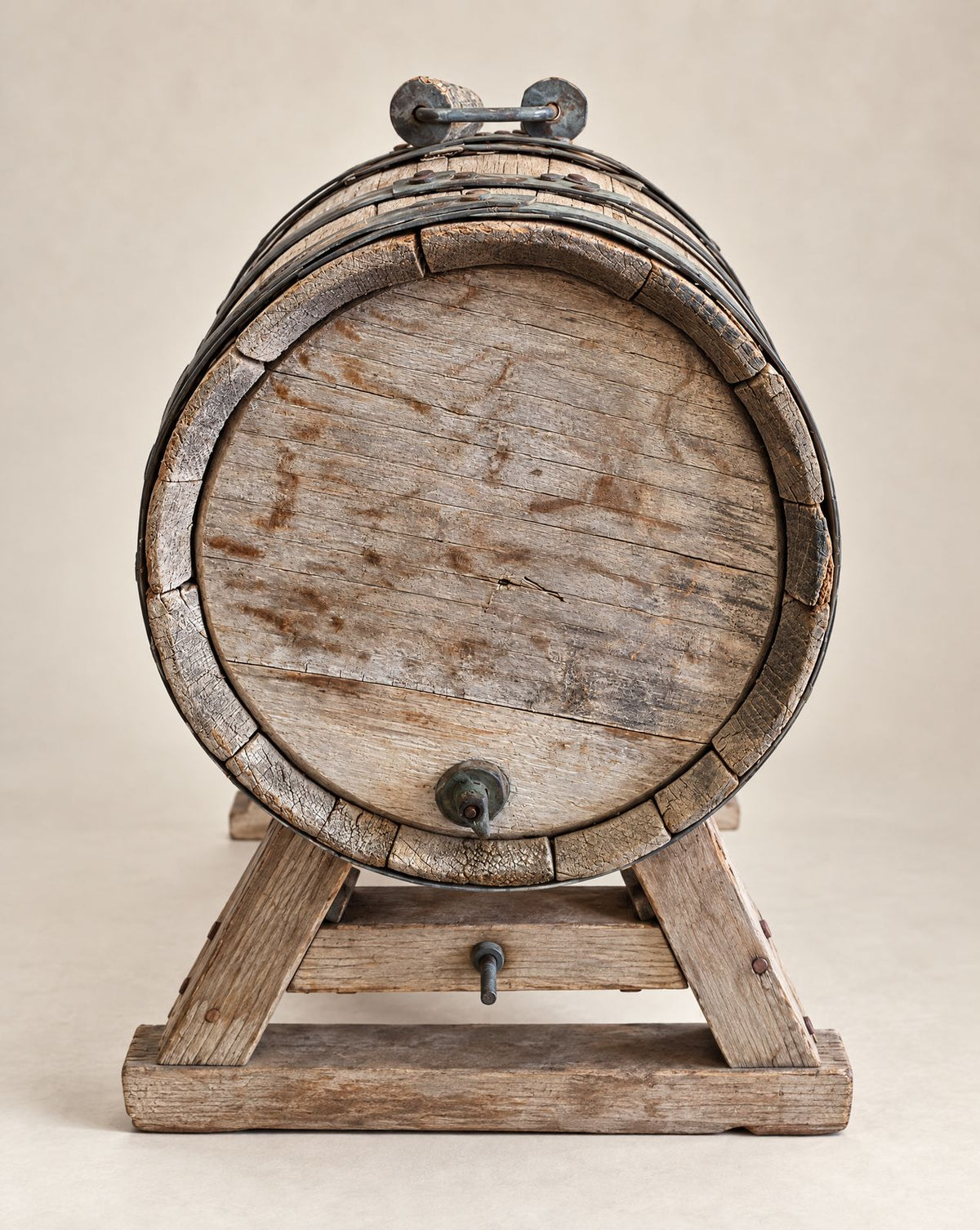 Antique Rustic Wooden Barrel on Stand | Circa 1900–1940