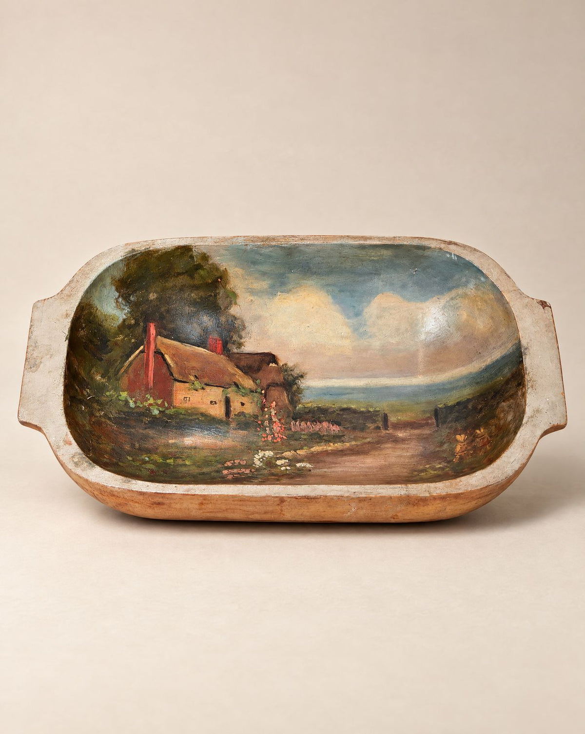Vintage Hand-Painted Wooden Dough Bowl with Cottage Landscape