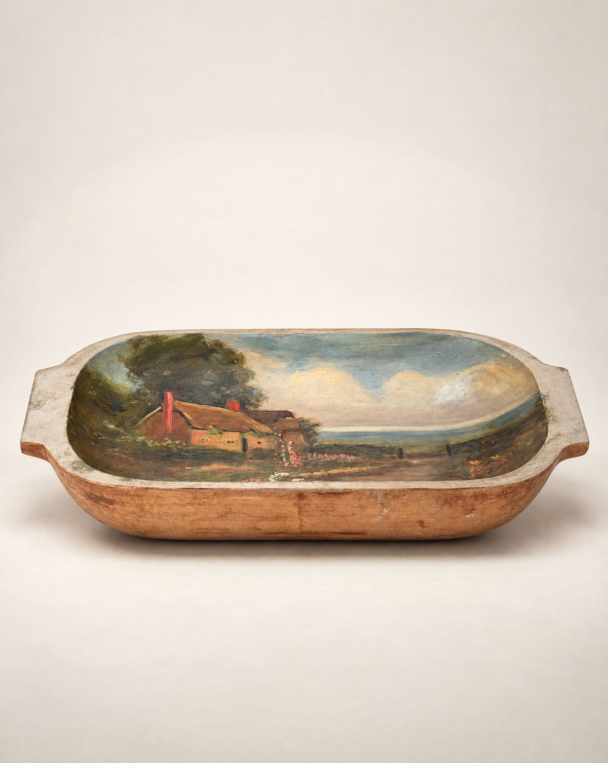Vintage Hand-Painted Wooden Dough Bowl with Cottage Landscape