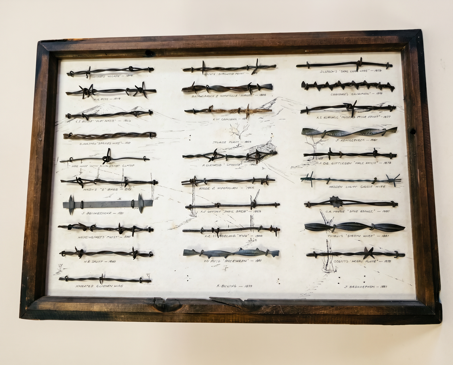 Vintage Framed Barbed Wire Display – 27 Historic Ranch & Fence Wire Samples