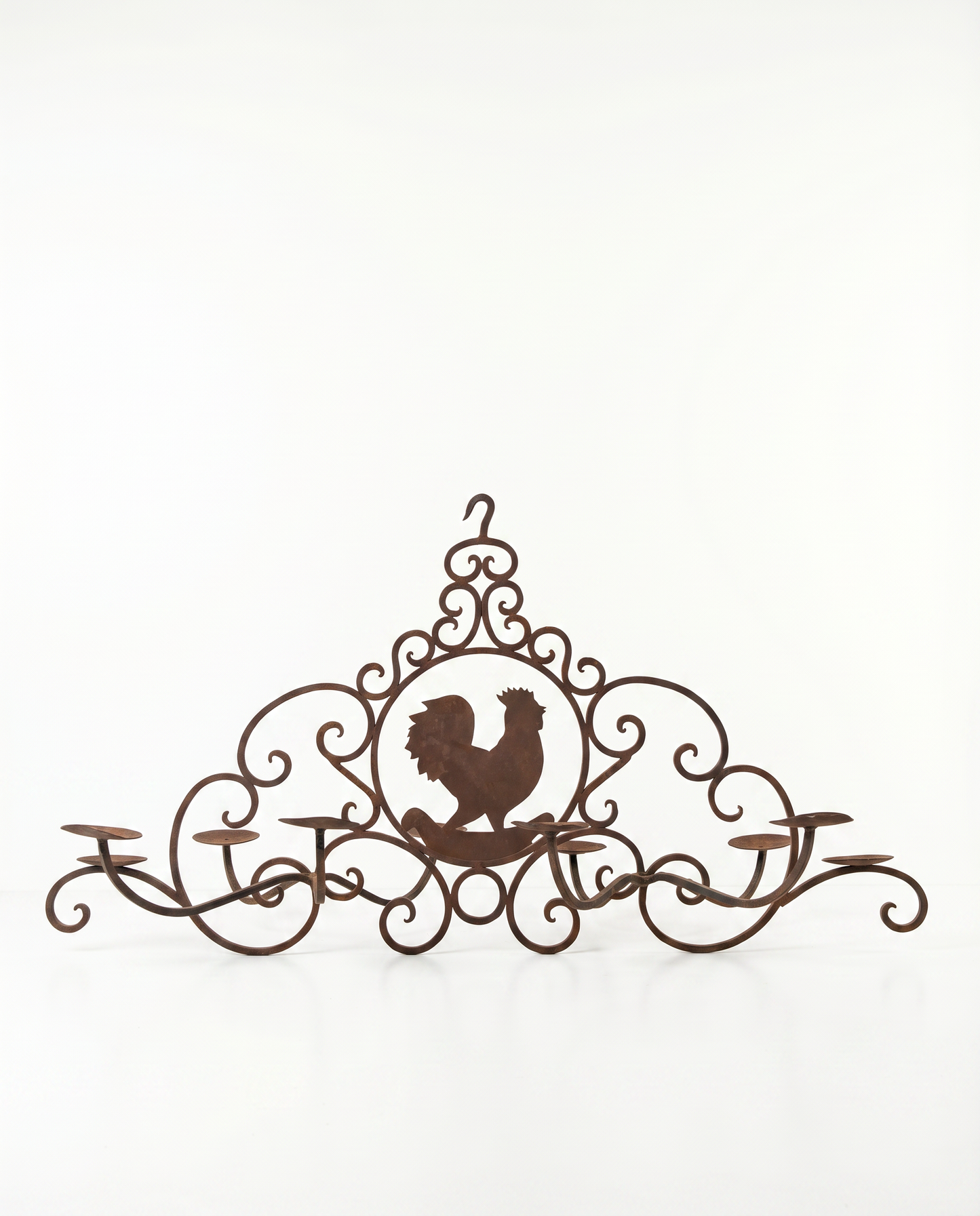 Wrought Iron Rooster Motif Hanging Candle Chandelier