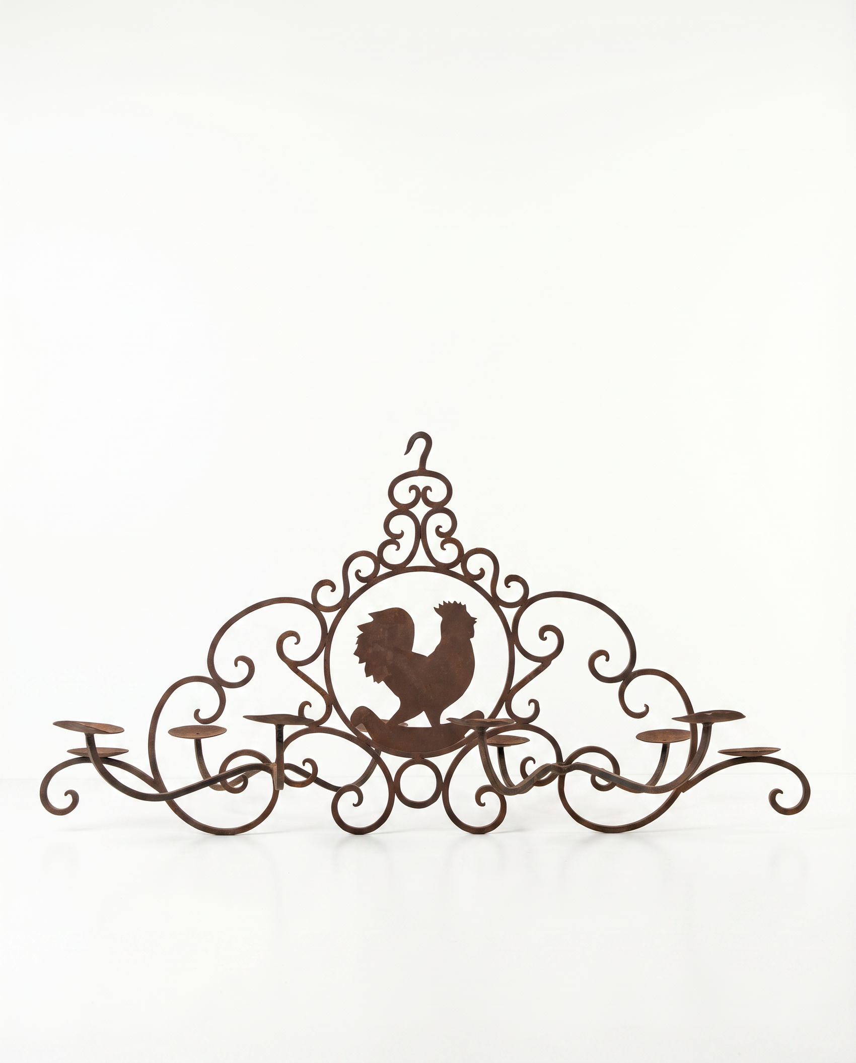 Wrought Iron Rooster Motif Hanging Candle Chandelier