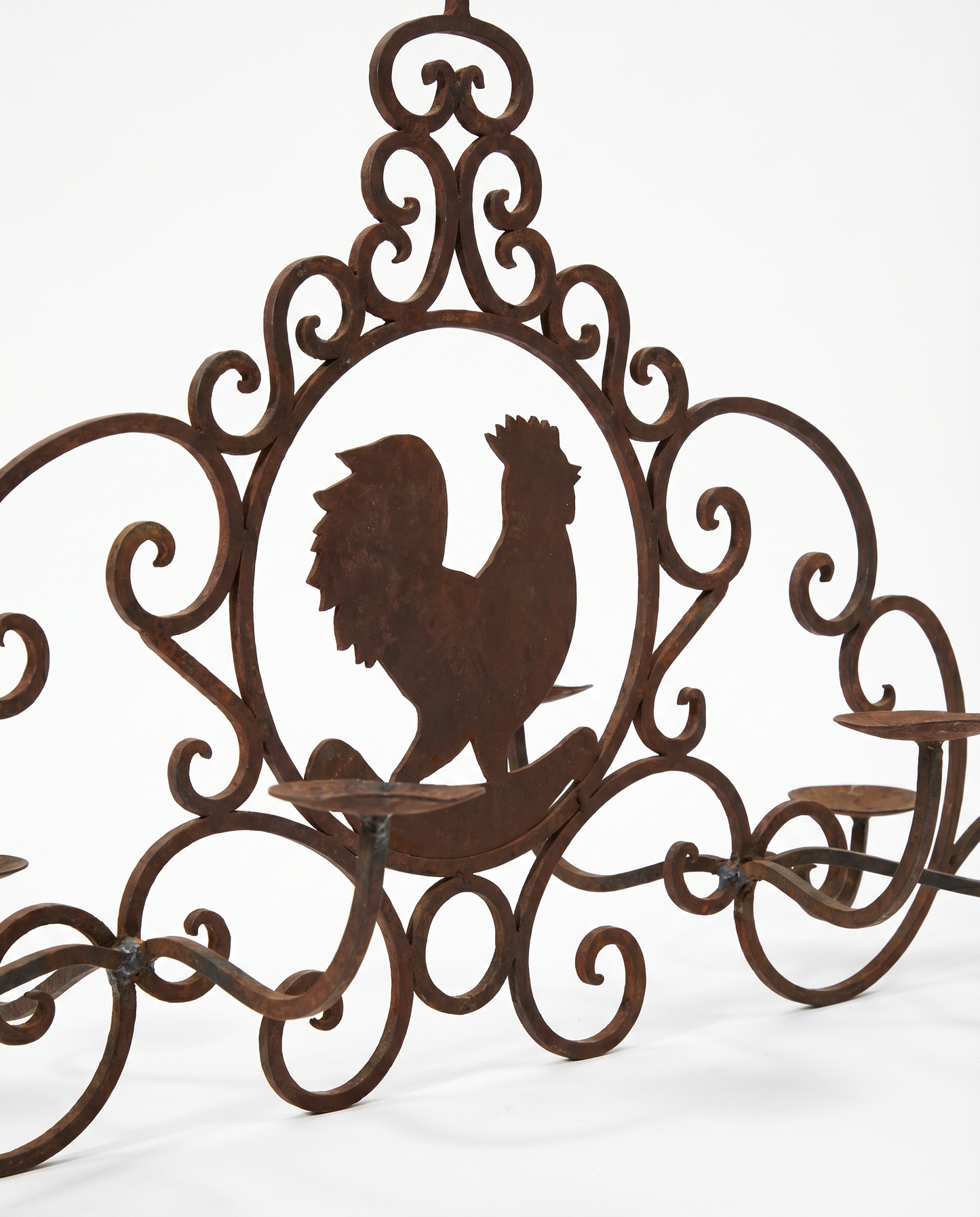 Wrought Iron Rooster Motif Hanging Candle Chandelier