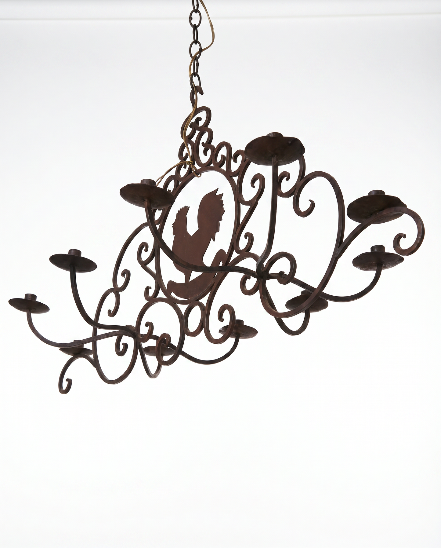 Wrought Iron Rooster Motif Hanging Candle Chandelier