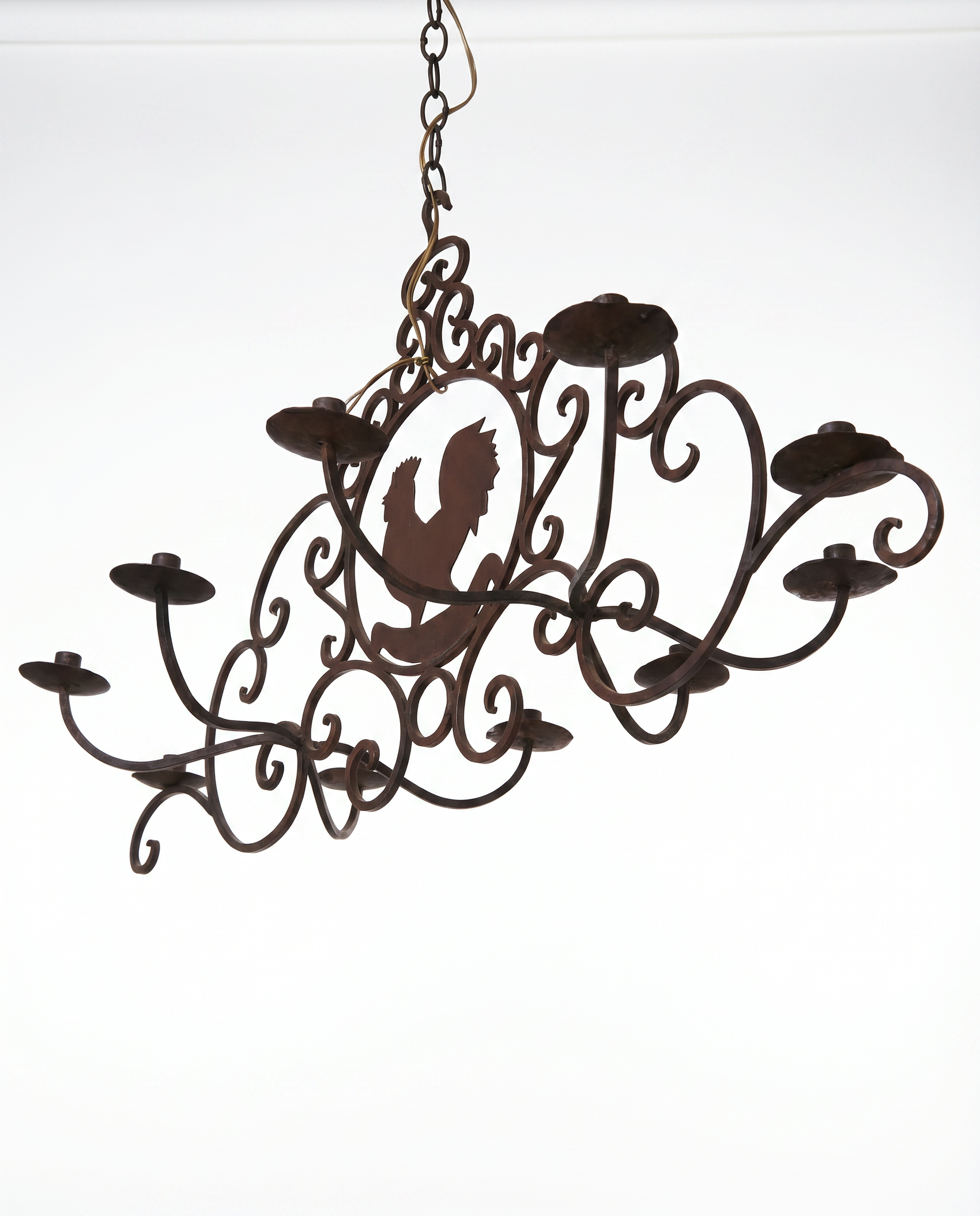 Wrought Iron Rooster Motif Hanging Candle Chandelier