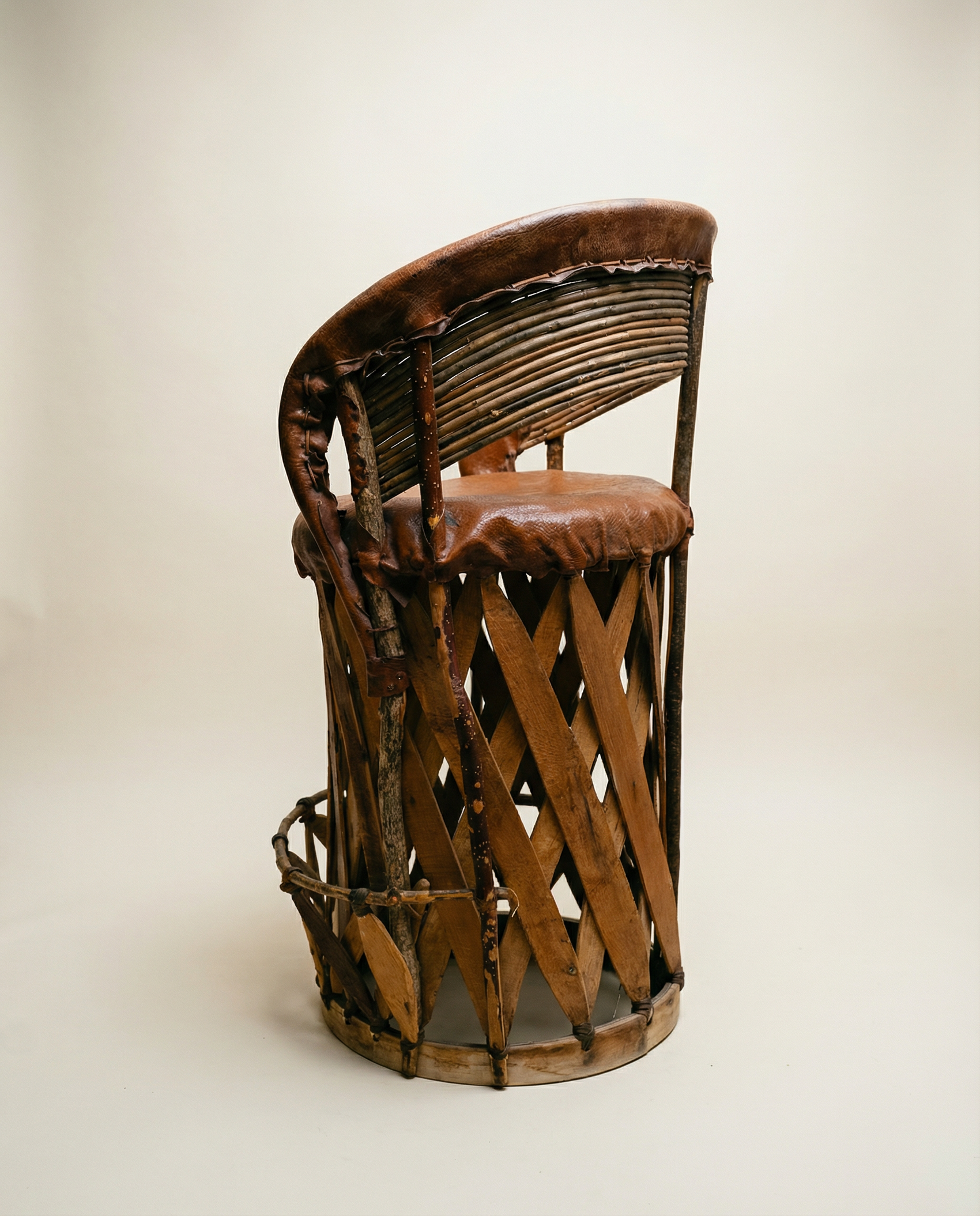 Vintage Mexican Equipale Leather & Wood Drum Chair – Rustic Southwest Barrel Seat