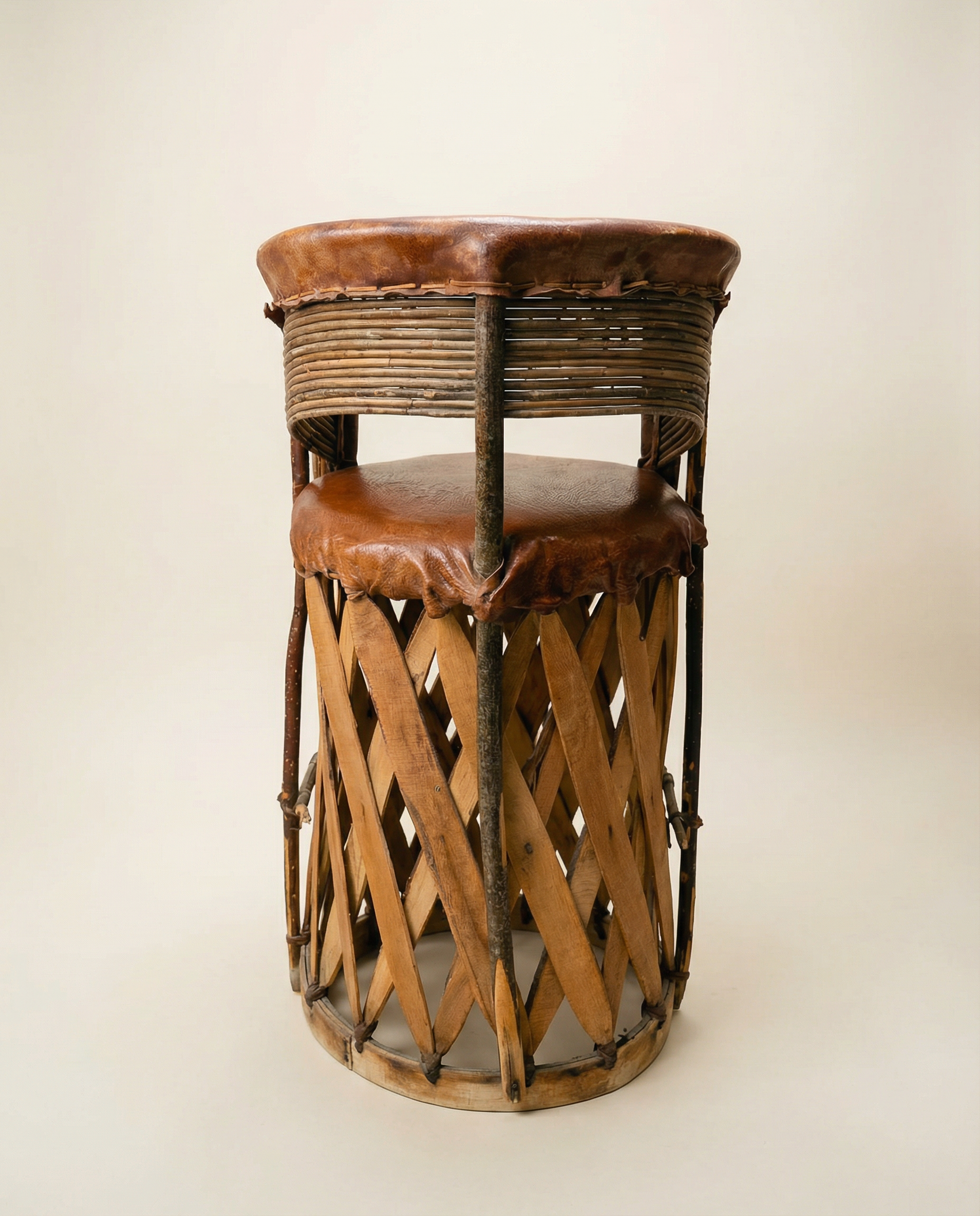 Vintage Mexican Equipale Leather & Wood Drum Chair – Rustic Southwest Barrel Seat