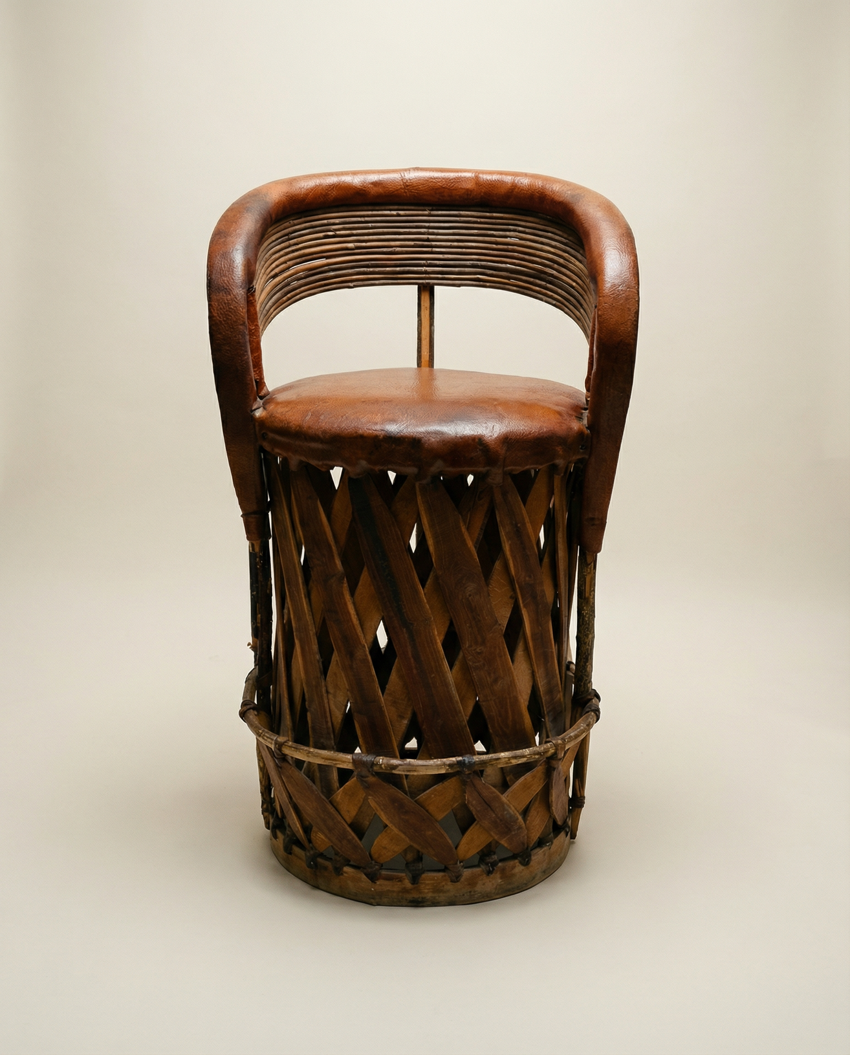 Vintage Mexican Equipale Leather & Wood Drum Chair – Rustic Southwest Barrel Seat