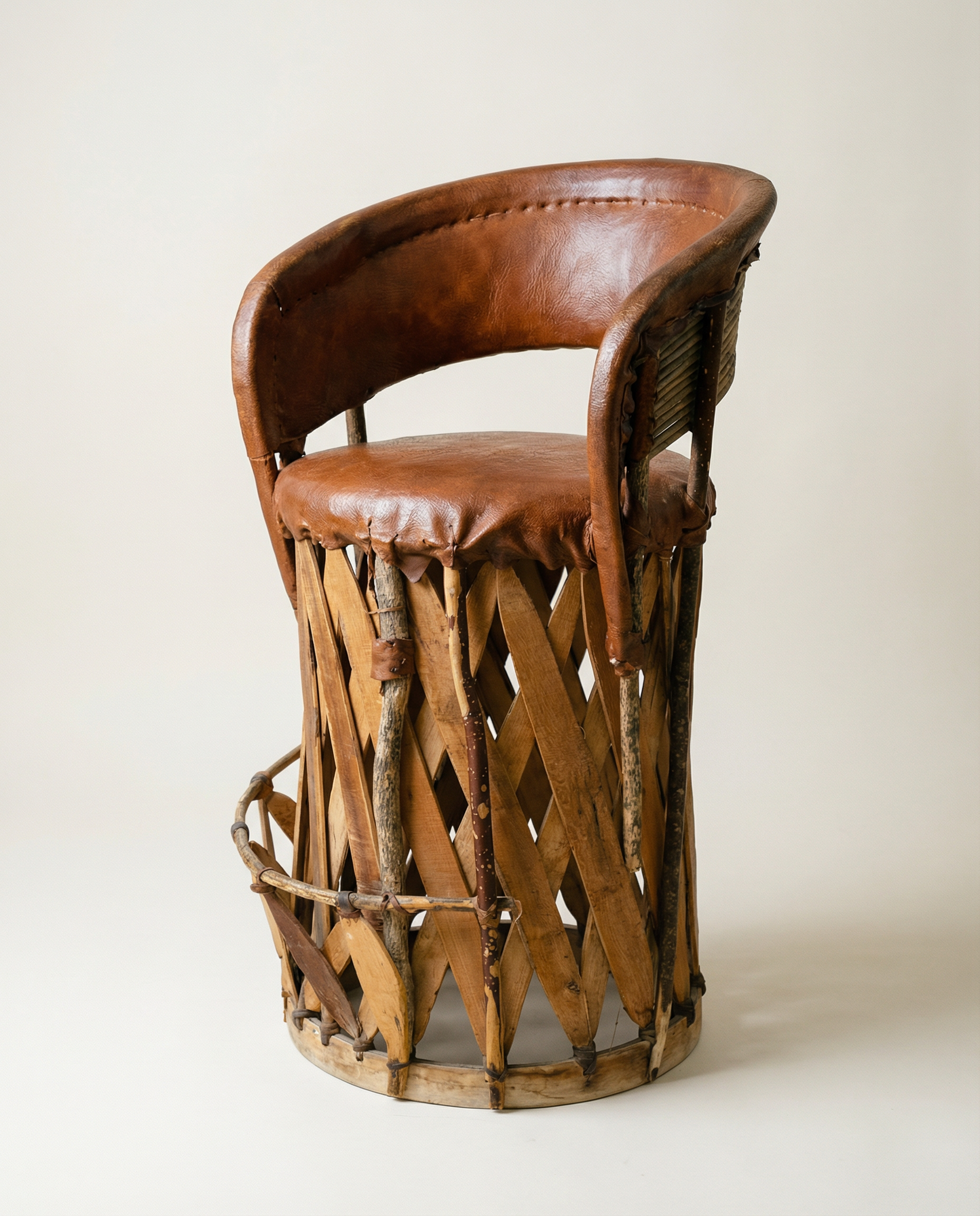 Vintage Mexican Equipale Leather & Wood Drum Chair – Rustic Southwest Barrel Seat