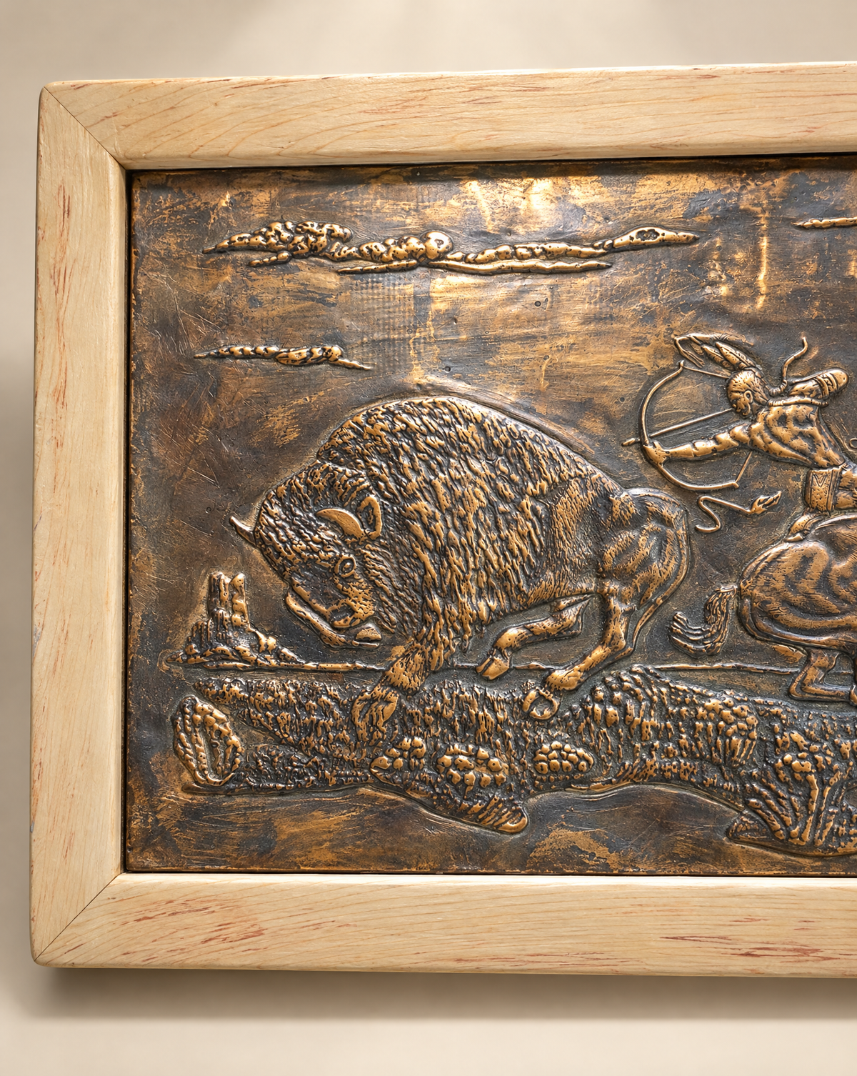 Vintage Western Buffalo Hunt Copper-Tone Metal Relief in Wood Frame – 17" W × 12.5" H