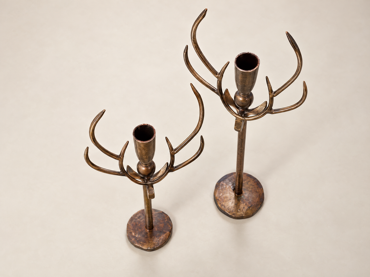 Forged Iron Deer Antler Taper Candle Holders – Set of 2