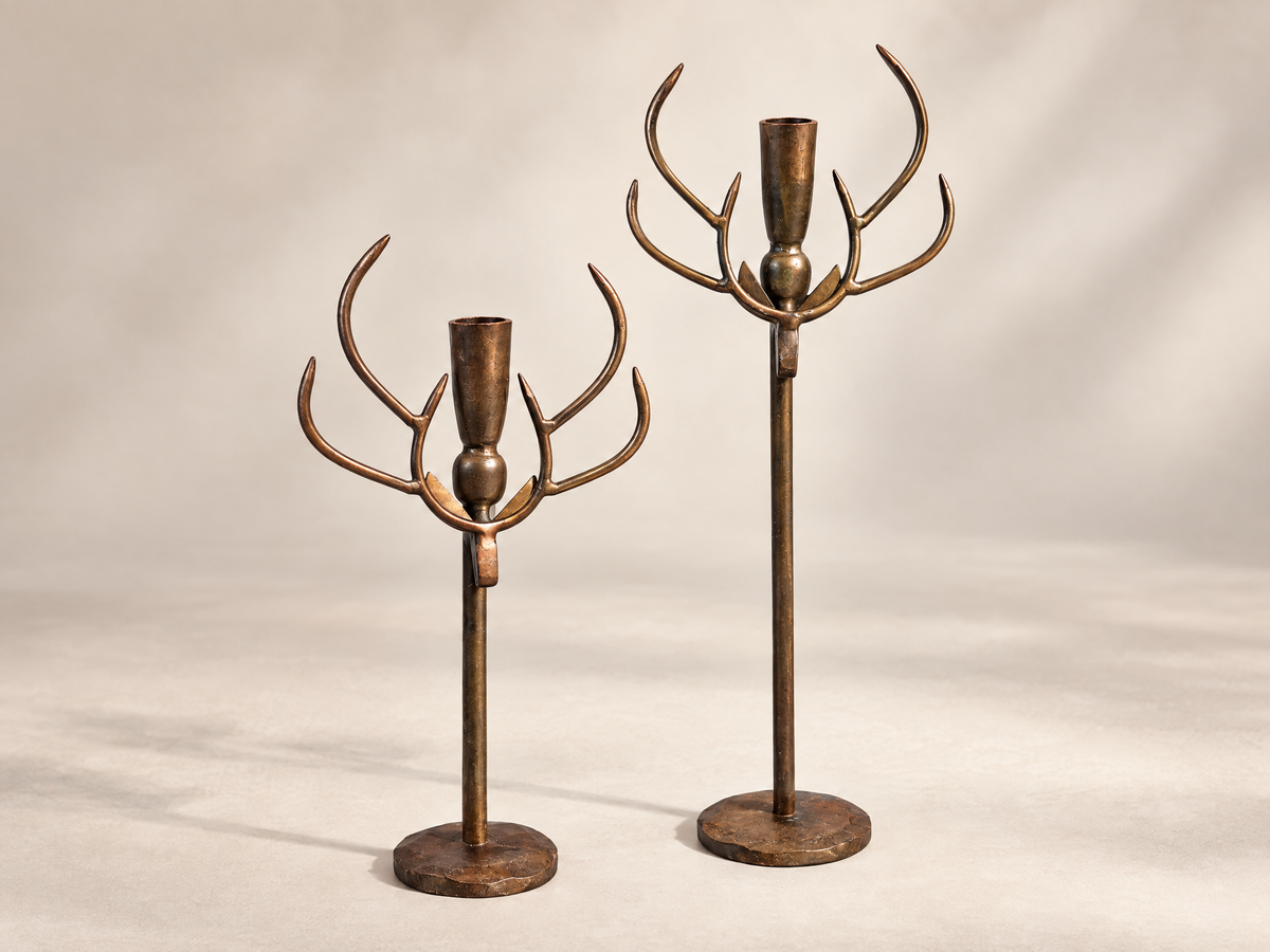 Forged Iron Deer Antler Taper Candle Holders – Set of 2
