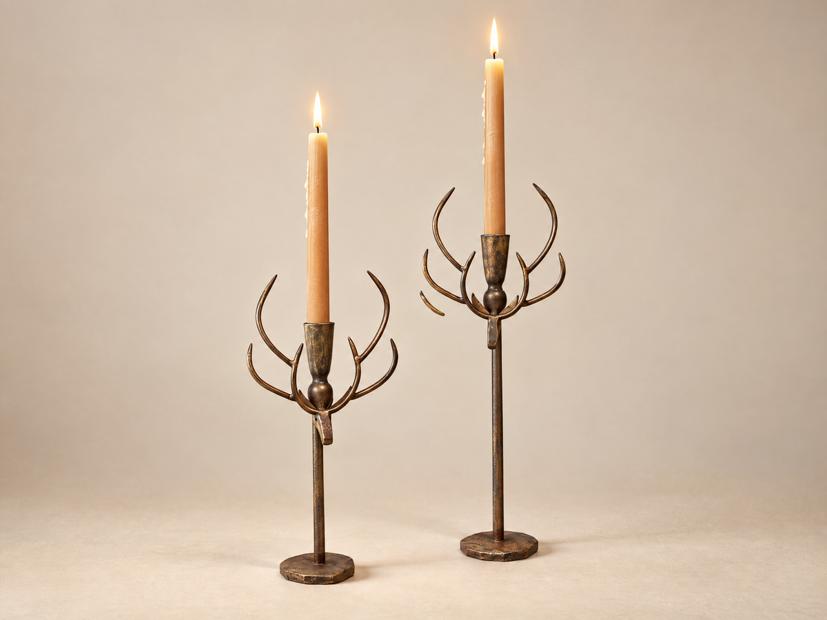 Forged Iron Deer Antler Taper Candle Holders – Set of 2