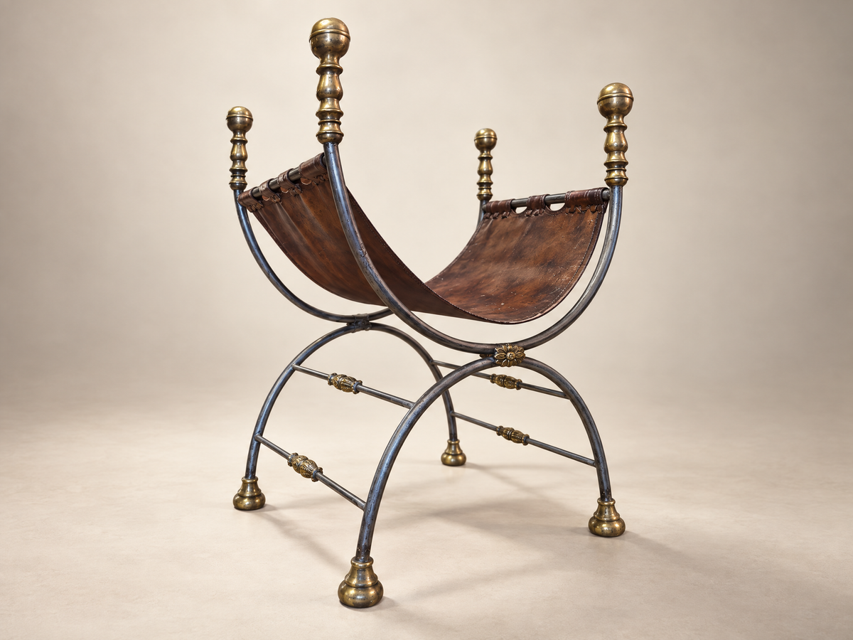 Vintage Campaign-Style Leather Sling Chair with Brass Accents
