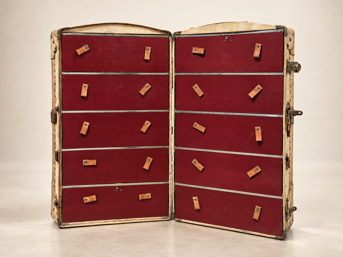 Pair of Vintage Matching Wardrobe Steamer Trunks with Full Hanging & Drawer Interiors