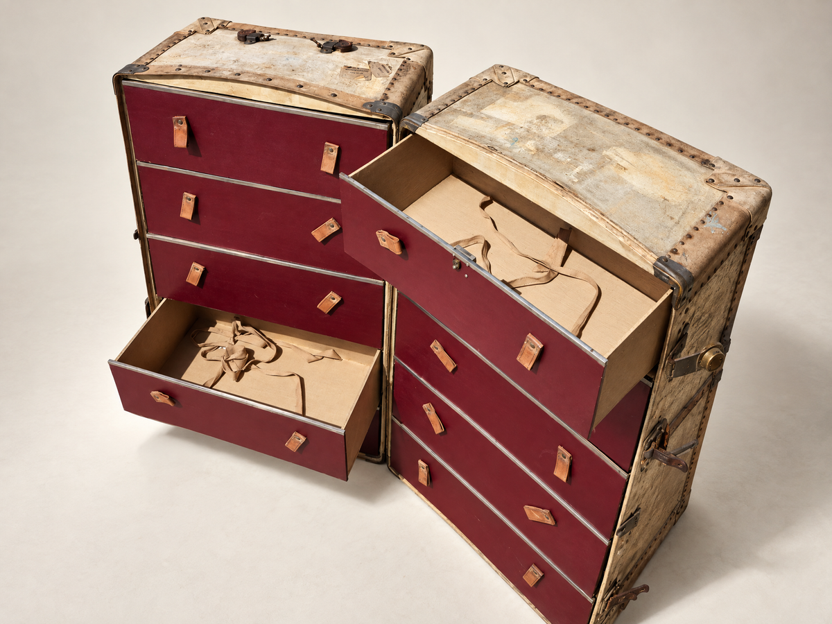Pair of Vintage Matching Wardrobe Steamer Trunks with Full Hanging & Drawer Interiors