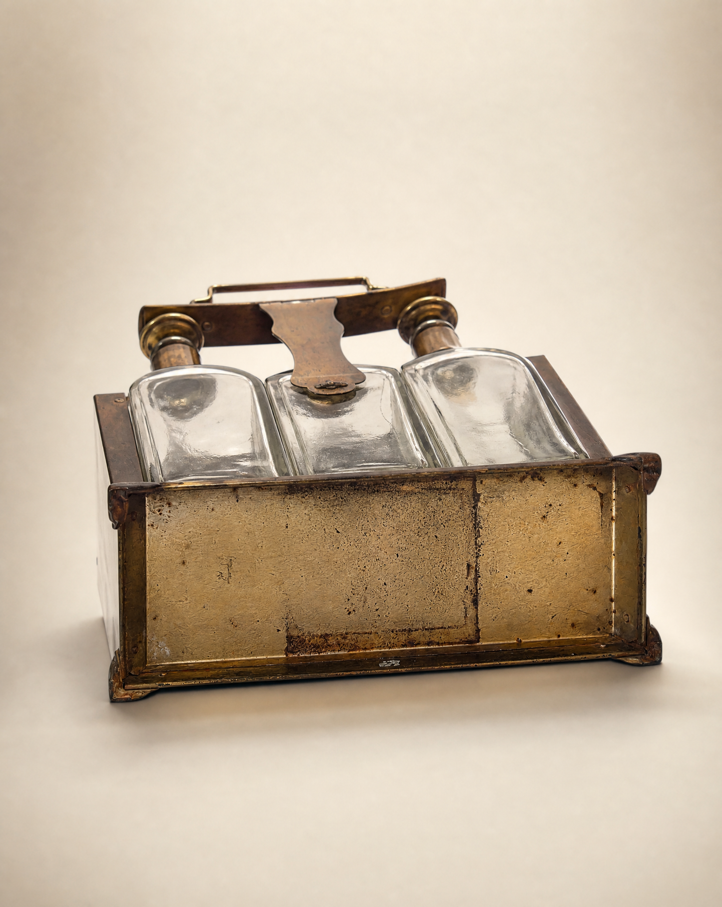 Antique Three Bottle Tantalus Liquor Set with Brass Stand