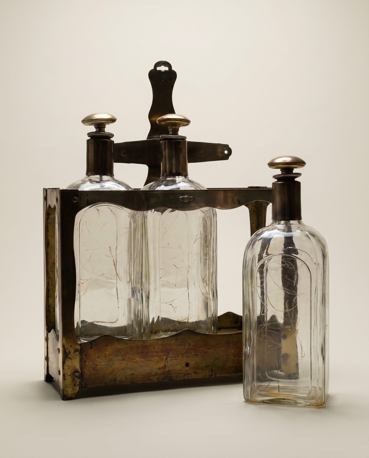 Antique Three Bottle Tantalus Liquor Set with Brass Stand