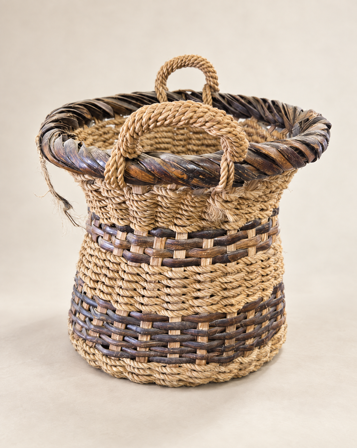 Vintage Mixed-Weave Gathering Basket with Rope Handles