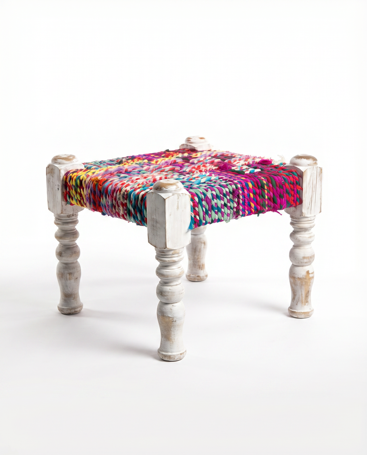 Textile Stool Handwoven Textile Stool with Distressed Wood Frame – That Old Thing