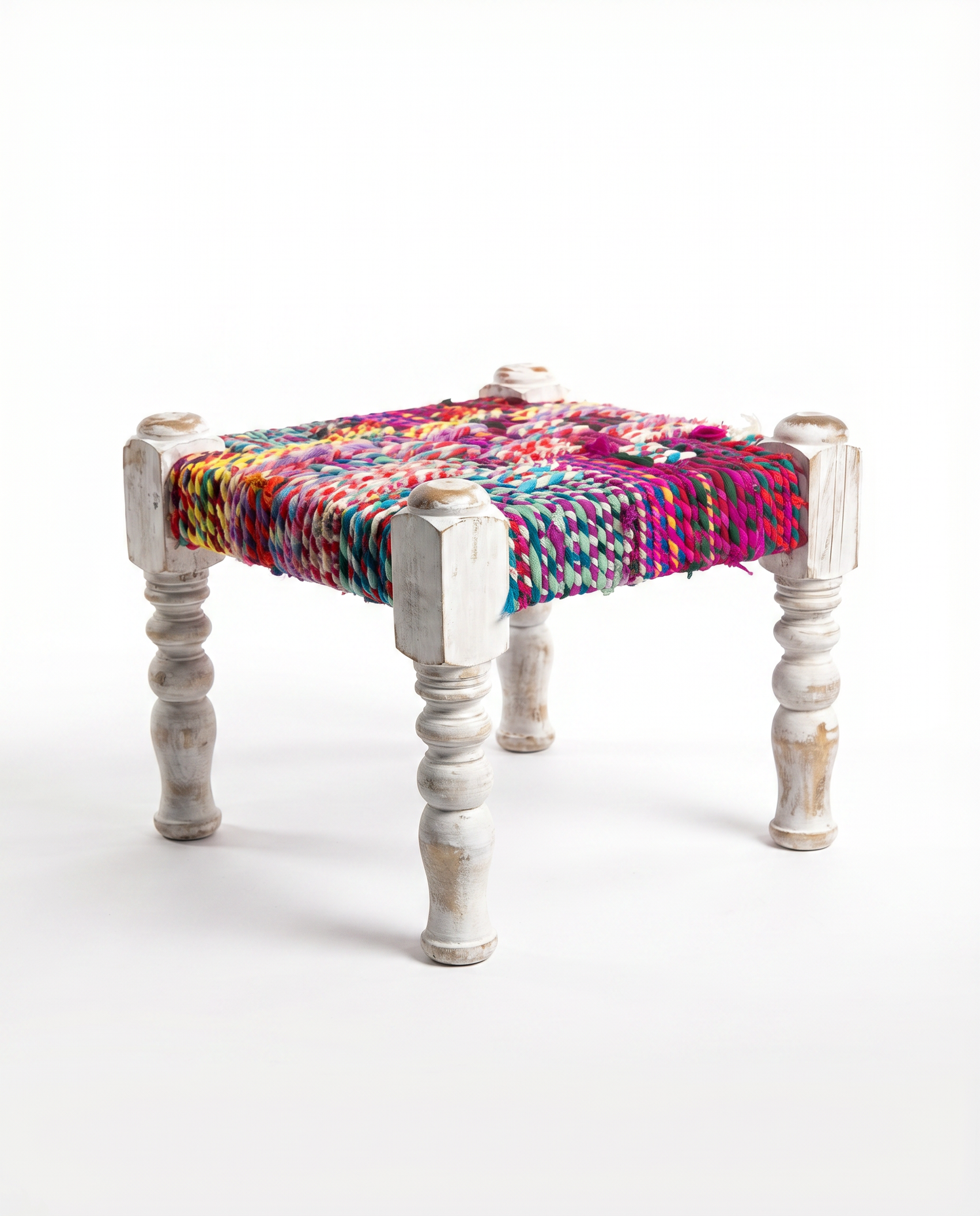 Handwoven Textile Stool with Distressed Wood Frame