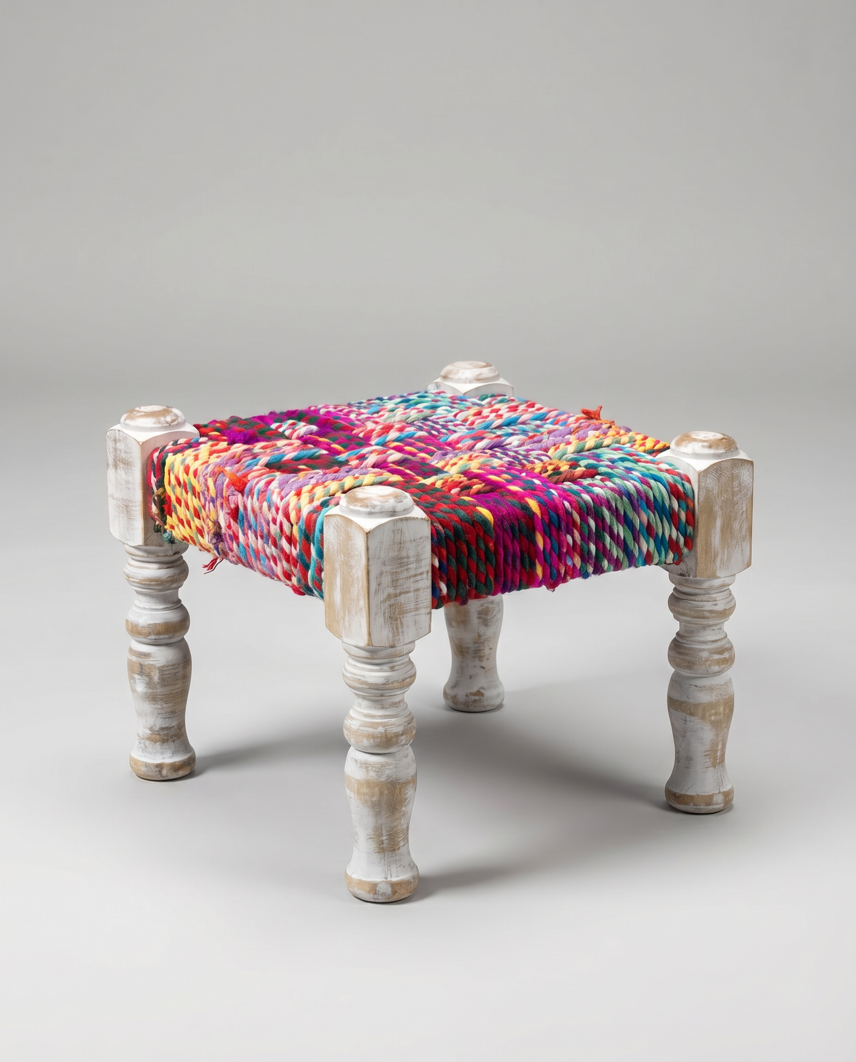 Handwoven Textile Stool with Distressed Wood Frame
