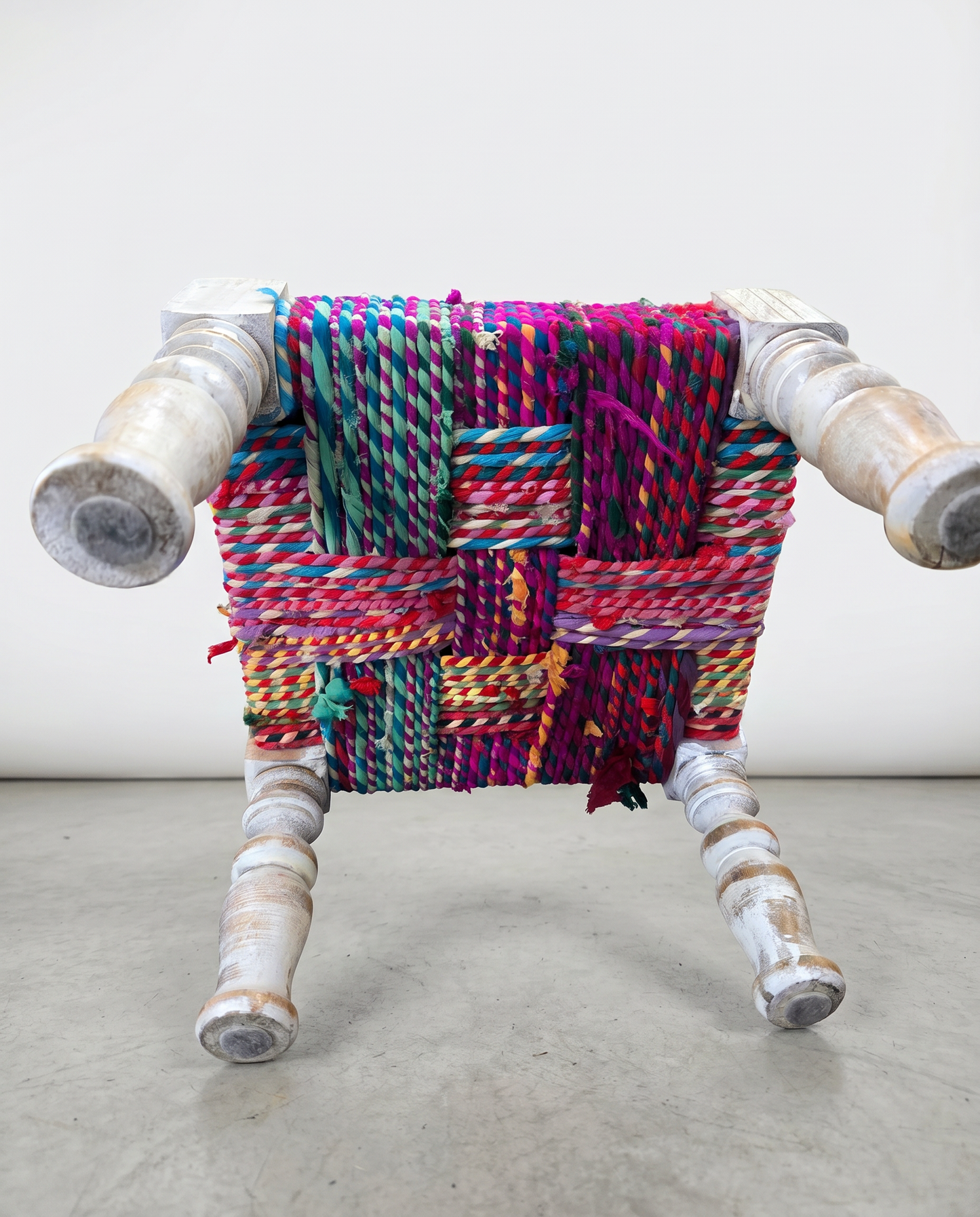 Handwoven Textile Stool with Distressed Wood Frame