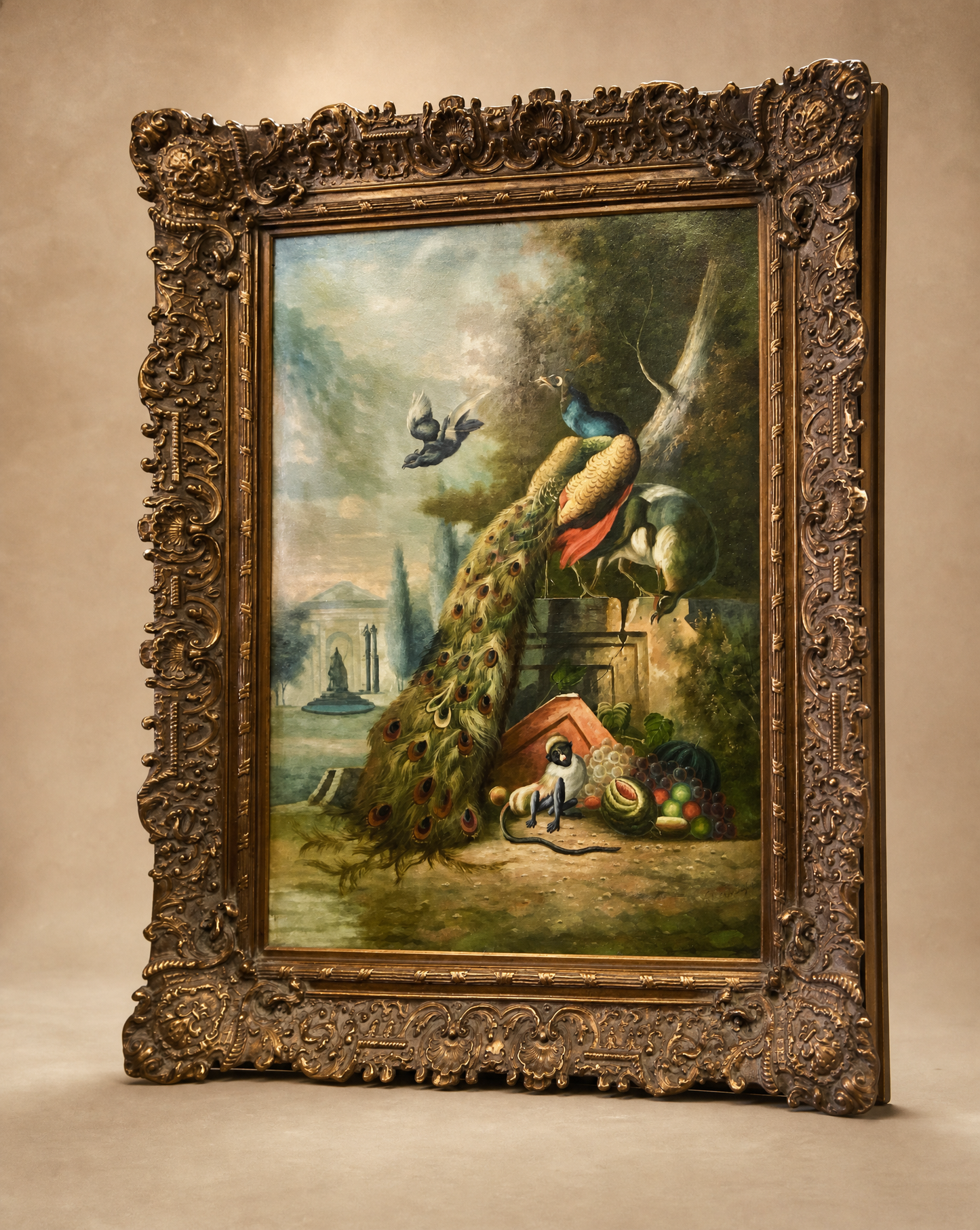 Ornate Framed Peacock Oil Painting on Canvas, Signed 49" W × 62" H