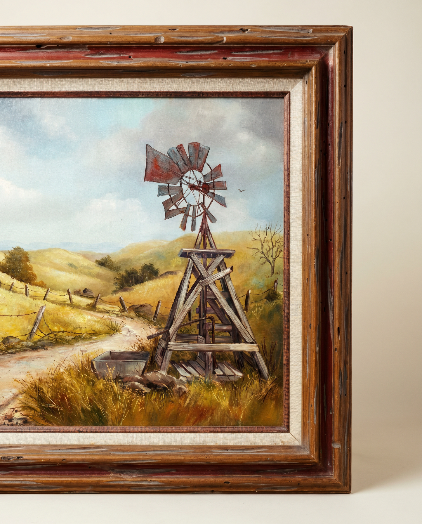 Vintage Western Windmill Landscape Original Oil Painting 31.5" W × 25.25" H
