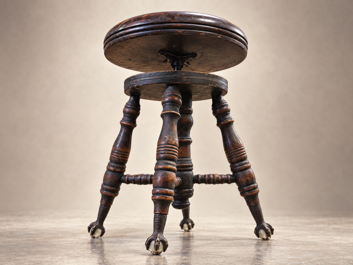 Antique Adjustable Piano Stool with Glass Ball & Claw Feet