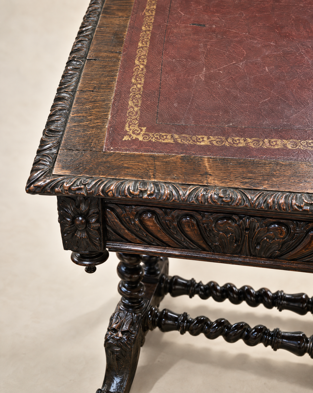 Antique English Jacobean Revival Carved Oak Library Writing Table by Hobbs & Co. London