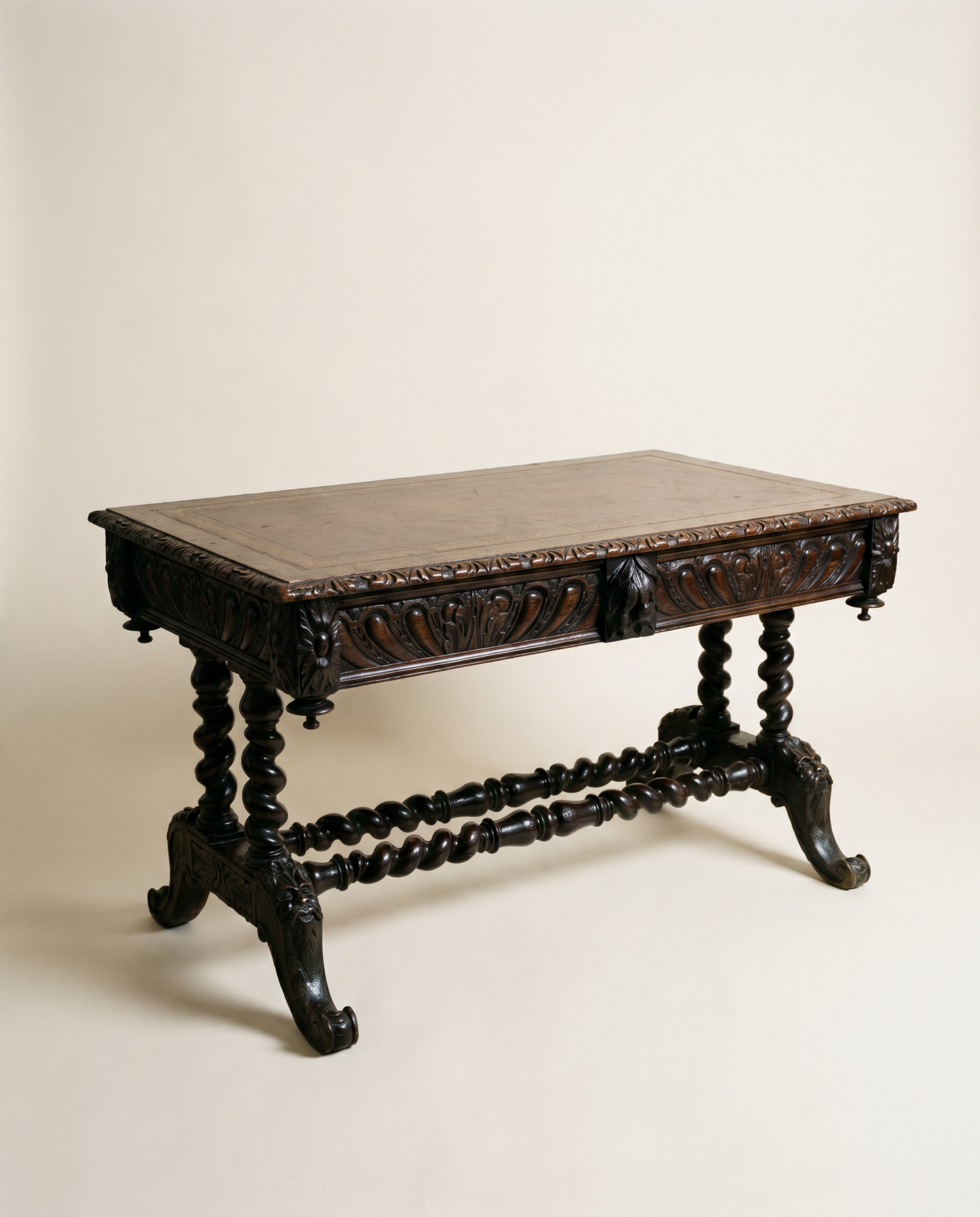 Antique English Jacobean Revival Carved Oak Library Writing Table by Hobbs & Co. London