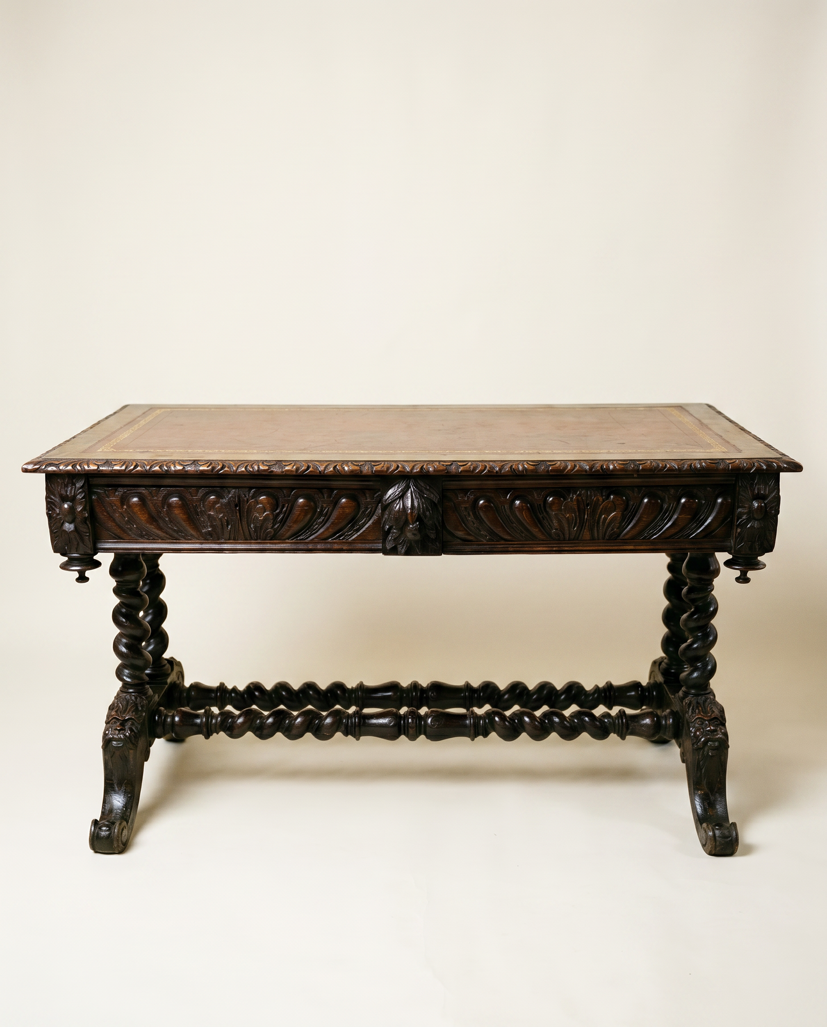 Antique English Jacobean Revival Carved Oak Library Writing Table by Hobbs & Co. London