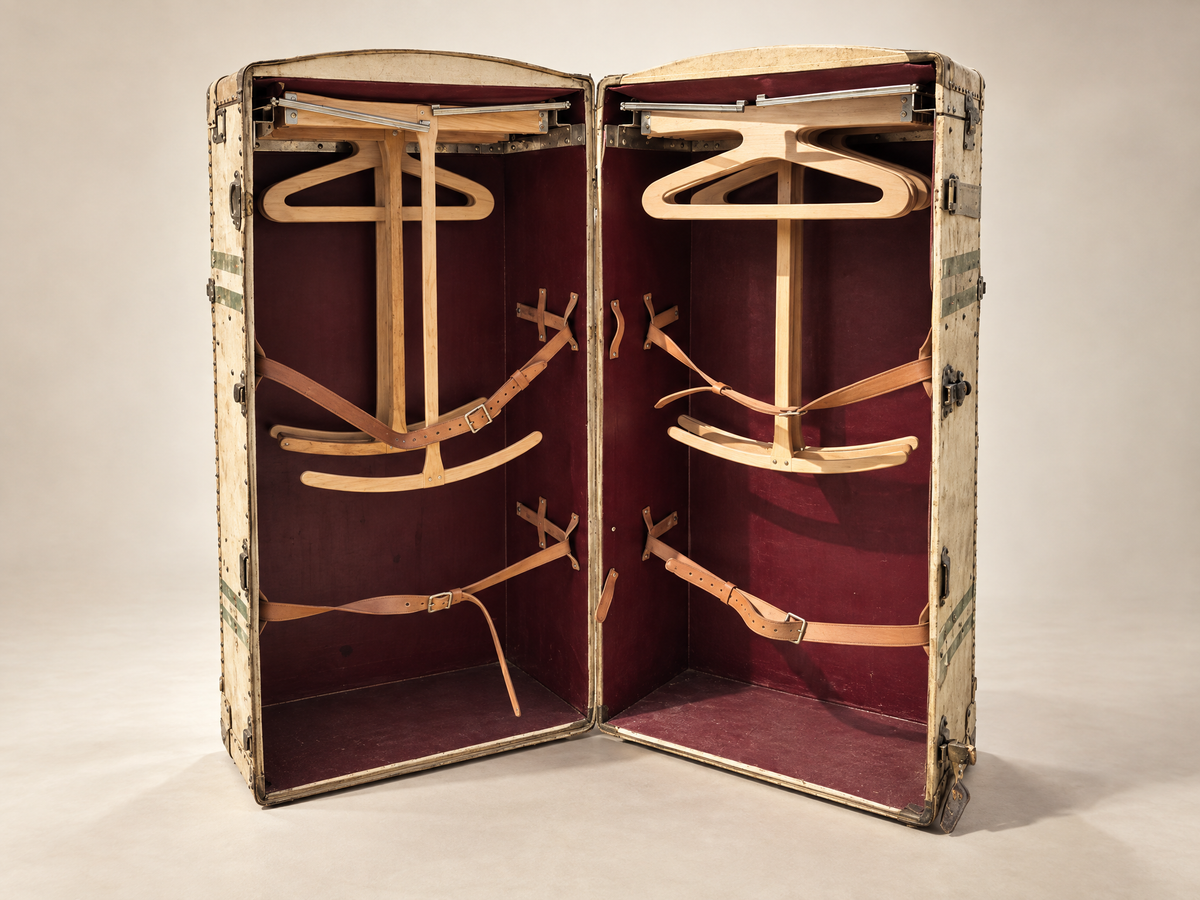 Pair of Vintage Matching Wardrobe Steamer Trunks with Full Hanging & Drawer Interiors