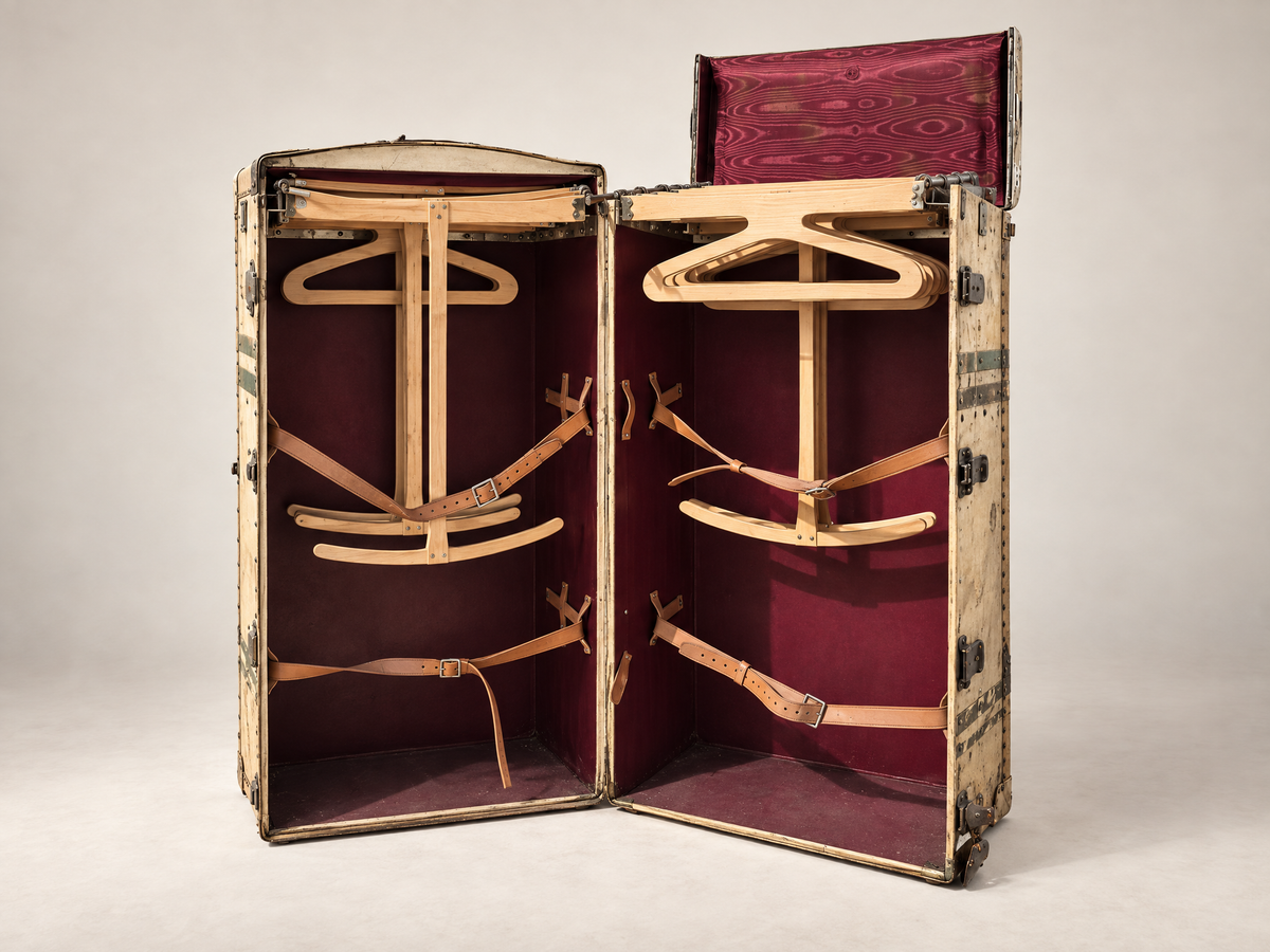 Pair of Vintage Matching Wardrobe Steamer Trunks with Full Hanging & Drawer Interiors