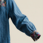 Vintage Denim Blouse with Floral Contrast Trim