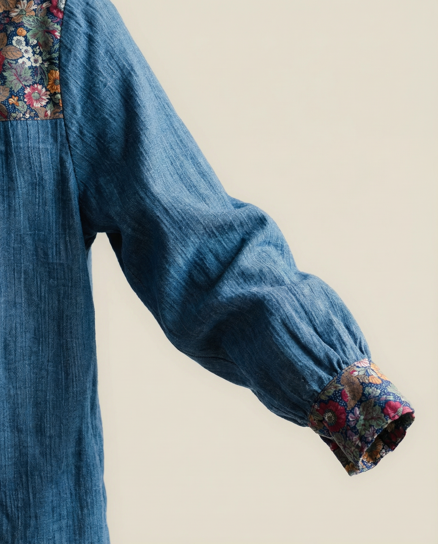 Vintage Denim Blouse with Floral Contrast Trim