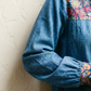 Vintage Denim Blouse with Floral Contrast Trim