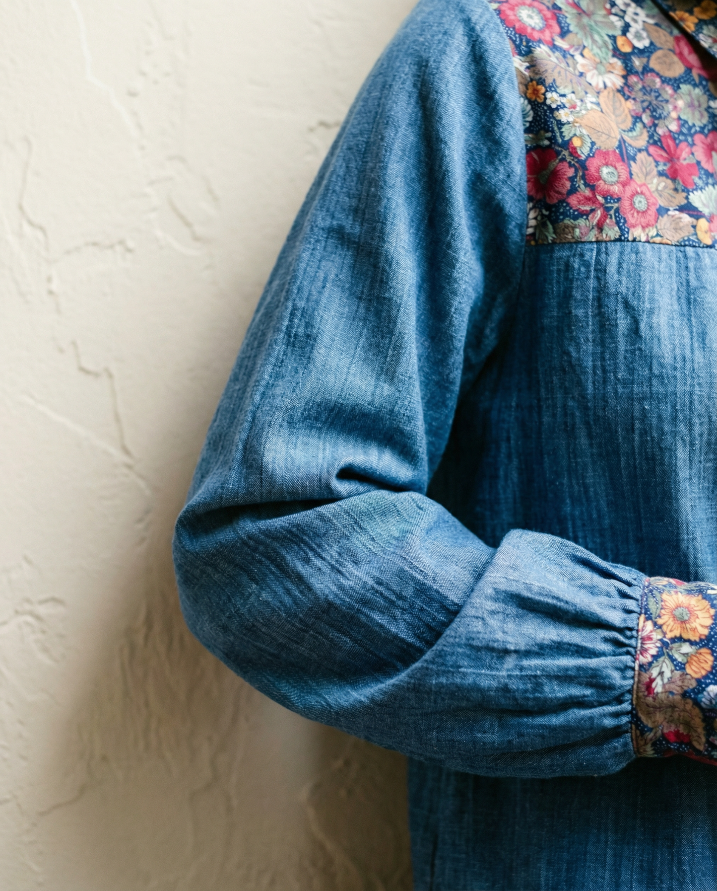 Vintage Denim Blouse with Floral Contrast Trim