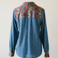 Vintage Denim Blouse with Floral Contrast Trim