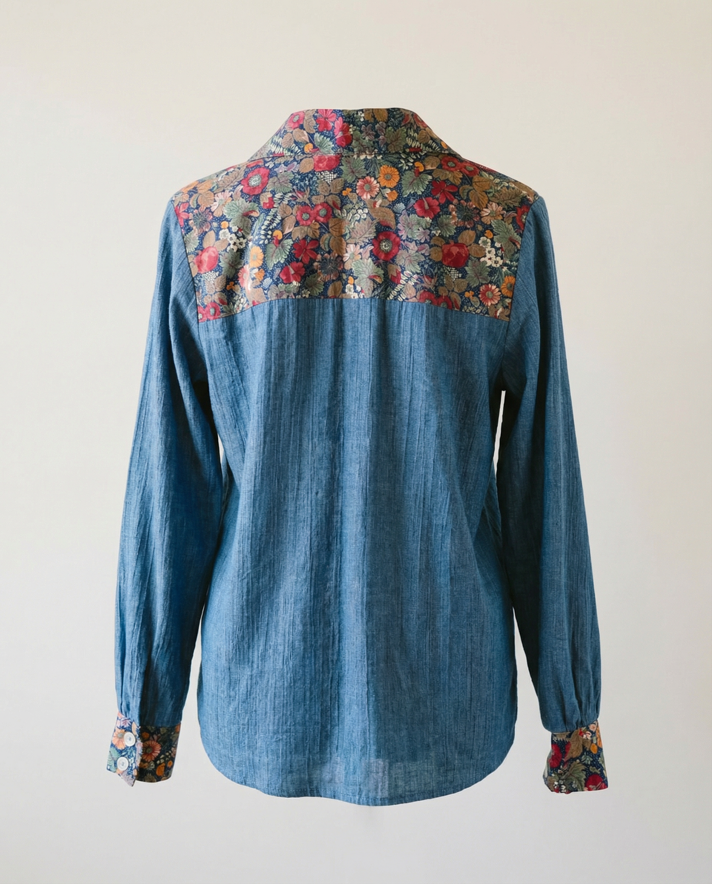 Vintage Denim Blouse with Floral Contrast Trim
